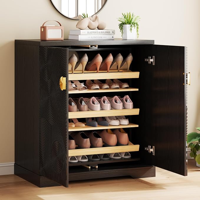 Vlsrka Shoe Storage Cabinet with Doors and 6 Tier Rotating Shelves, Black | Suitable for 18 Pairs Shoe Organizer, Freestanding, Pull Out Shoe Rack, Wooden Entryway Cabinet for Hallway, Closet, Indoor