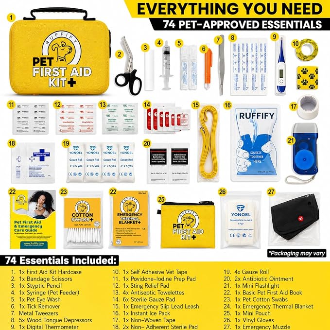 Dog First Aid Kit, Cat and Pet Emergency Kit, Vet Approved, 74 Pcs | High quality, easy to open compact kit, Ideal gift for dog lovers, cat owners, pet parents. Home, travel, hiking, camping.