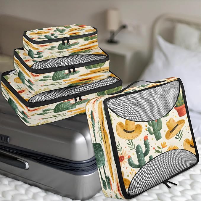 Packing Cubes for Travel, Western Cowboy Travel Luggage Packing Organizers for Women Men, Large Custom Toiletries Bag for Clothes Shoes, Cactus Desert