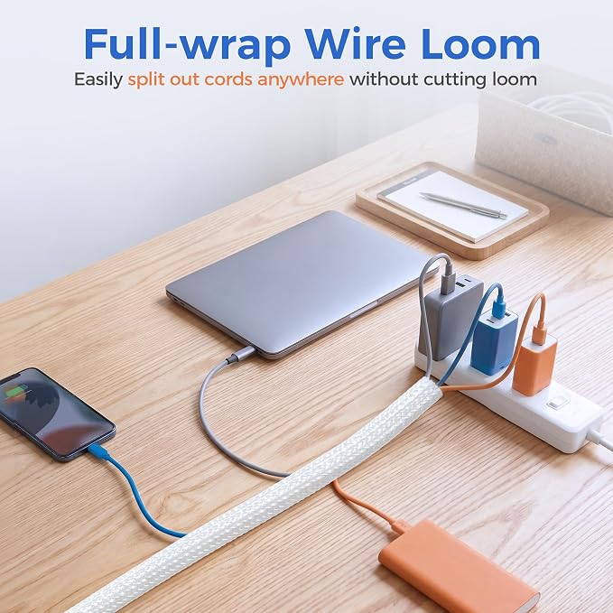 Delamu 30ft - 1/2 inch Cable Sleeve Cord Protector from Pets No Chew, Split-Braided PVC Wire Loom Tubing for Desk Computer USB TV Cord Organizer, Easy Set-up Cable Management Sleeve Kit, White
