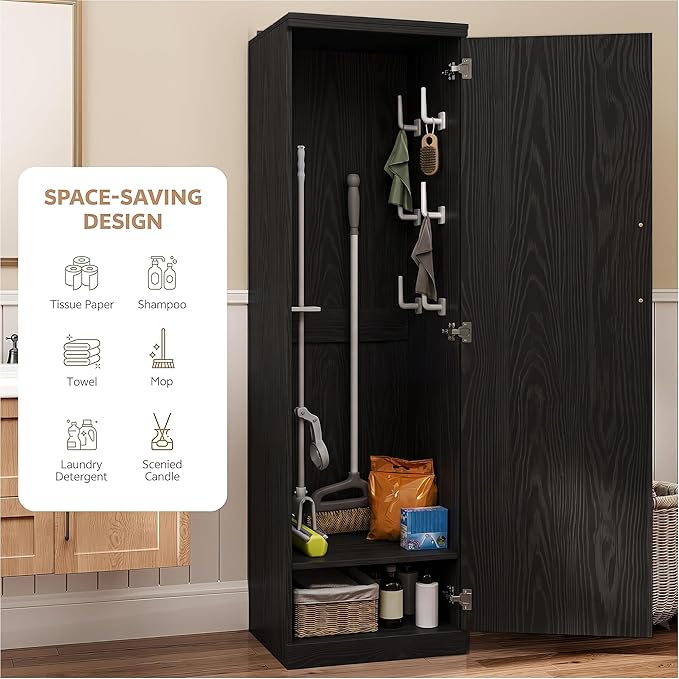 Broom Closet Storage Cabinet, 65" H Slim Utility Closet Black | with Door and Shelf, Tall Vacuum Storage Cabinet with Hooks for Cleaning Tool, Broom Closet Organizer for Bathroom, Garage