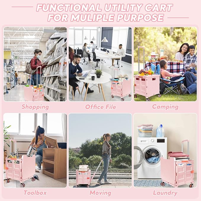 FELICON SELORSS Folding Utility Cart Portable Rolling Crate Handcart-Pink | Adjustable Handle+Extended Magnetic Lid,Storage Basket Box,4 Swivel Wheels Tote for Teacher Move Shop Travel Grocery Office