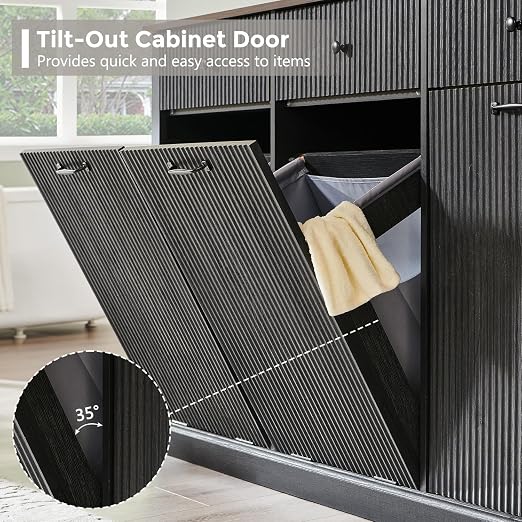 IFGET Triple Tilt Out Trash Can Cabinet, Modern Fluted Laundry Hamper Cabinet with 3 Drawers, 20 Gallon Hidden Wooden Garbage Can Cabinet w/Storage Basket & Adjustable Shelf, for Kitchen, Grey