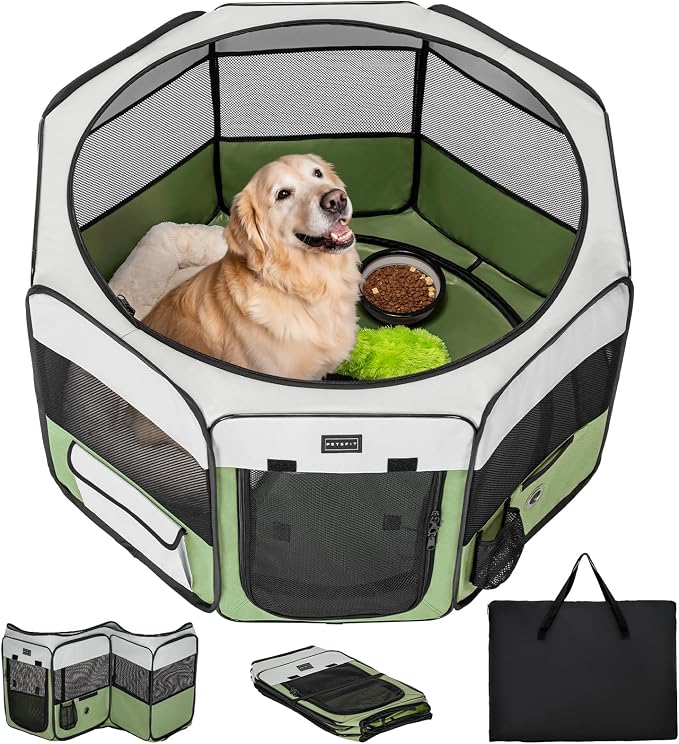PETSFIT Portable Dog Playpen 45", Removable Waterproof Mat, Zippered Roof | Jump-proof, Collapsible Storage, RV Camping Travel, Indoor Outdoor Use, Large Dogs and Cats, 45.5"L x 45.5"W x 28.5"H