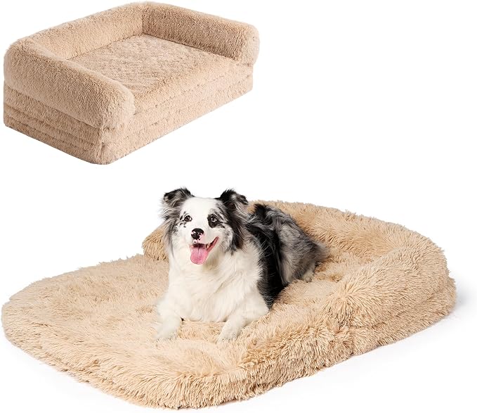 EHEYCIGA Foldable XXL Dog Bed for Large Sized Dog - 54x38x7.5, Camel | Faux Fur Fluffy Pet Couch Bed, Orthopedic Calming Memory Foam Big Pet Bed, Washable Pet Sofa Bed with Non-Slip Bottom
