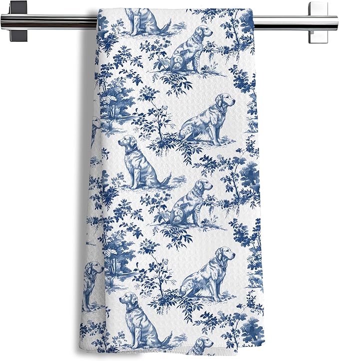 Chinoiserie Golden Retriever Kitchen Towels, Golden Retriever Gifts Decorative Dish Tea Towels, Blue and White Floral Grandmillennial Botanical Dog Hand Towels for Kitchen Bathroom, 16x24 Inch