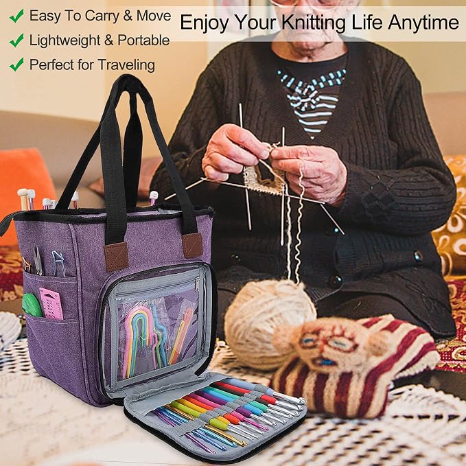 Coopay Crochet Bag w/Shoulder Strap, Yarn Storage Knitting Tote Bag-Purple | Portable Traveling Crochet for Crocheter, Large Capacity Storage Crochet Supplies Yarn Organizers Unfinished Project