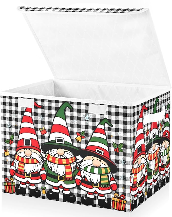 Red Christmas Fabric Storage Bins with Lid Closet Storage Basket 40L | Decorative Storage Boxes, Dust-Proof Flip Top, Reinforced Handles, For Home & Bedroom, Clothes & Toy Box, Christmas Print