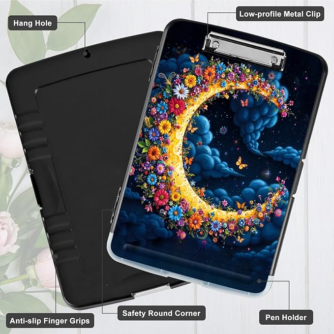 A4 Clipboard with Storage Pen Holder, Clipboards Organizer Nursing Clipboard Foldable File Folder Plastic Clipboard Folio Clip Board for Office Work Classroom Doctor, Dark Clouds Moon