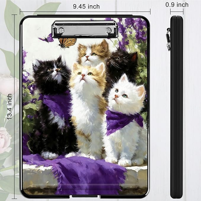 Heavy Duty Storage Clipboard, Slim Nursing Clipboard with Internal Pen Case, Portable File Organizer Case for A4 Letter Size Paper Office Medical Professionals, Lavender Cat