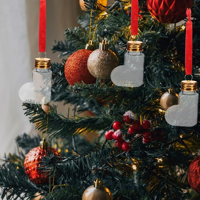 14pcs 50ml Pet Candy Bottles with Aluminum Caps and Red Hanging Strings – Sock-shaped Christmas Ornament Containers for DIY Holiday Tree Decorations and Candy Storage