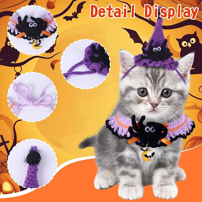 Kunyeah Halloween Pet Costume Set for Cats Small Dog Adjustable Knitted Hat Scarf Pumpkin & Witch Print Puppy Bib Cute Crochet Cat Collar Cap Pet Apparel Outfit (Purple-Spider)
