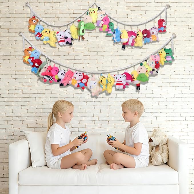 80" 4 Pack Cotton Hanging Storage Chain for Stuffed Animals Storage with 4 Pcs Led Light 40 Metal Clips Stuffed Animal Organizer Chain for Wall Corner Nursery Play Room (4PcsWhite)