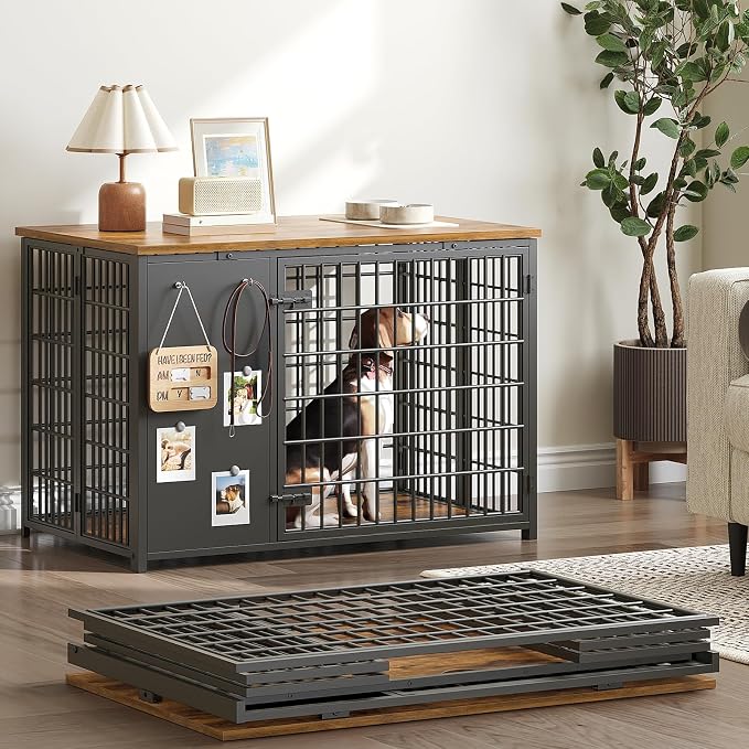 YATINEY Foldable Dog Crate Furniture, Dog Crate with DIY Frame, Heavy Duty Dog Kennel Indoor with Hooks, Wooden Dog Cage End Table, for Small/Medium Dogs, Rustic Brown and Black DC95BR