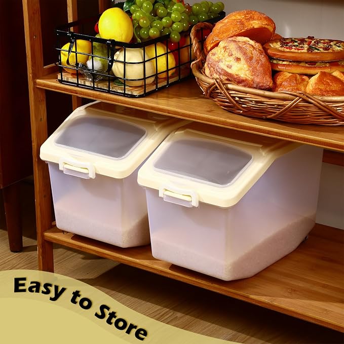 Sunnyray 4 Pcs Rice Storage Container Bulk 27.6 lb Airtight Flour Container with Wheels and Lids Measuring Cup Clear Pet Food Dog Birds Cat Food Bin Grain Cereal Organizer Box(Cream)