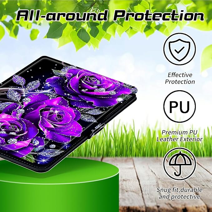Universal Case for T-Mobile Revvl Tab 2 10.1" Model:9185W 2025/Revvl Tab 5G 10.36" 2023, 360 Degree Rotating Kickstand Protective Stand Leather Shell Cover for 9"-10.5", Purple Rose 01