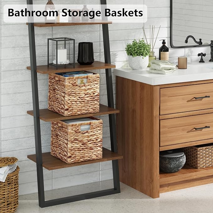 Vagusicc Wicker Storage Basket, Set of 2 Handwoven Water Hyacinth Storage Baskets for Organizing, 13 inch Foldable Storage Cubes with Handles for Laundry Organizer Bins for Bathroom Shelves & Decor
