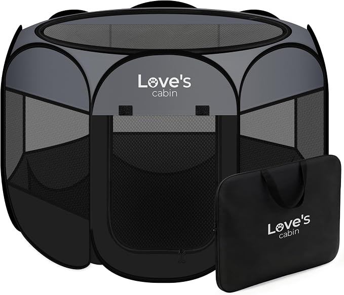 Love's cabin Pet Puppy Dog Playpen, Large Dog Tent Crates Cage Indoor/Outdoor, Portable Playpen for Cat, Foldable Pop Up Dog Kennel Playpen with Carring Case, Removable Zipper Top, Dark Grey