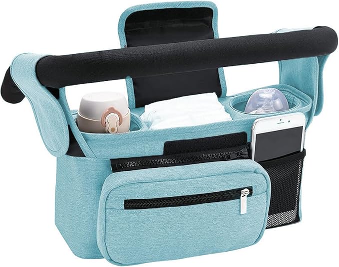 Compact Universal Stroller Organizer: Insulated Cup Holders, Detachable Phone Pouch + Shoulder Strap, Ideal for Parenting Journeys (Blue)