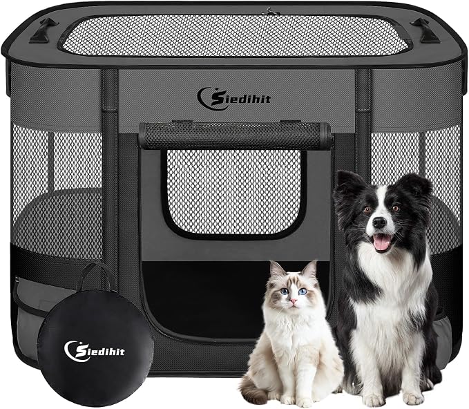 Siedihit 31" Dog Playpen,Cat Puppy Pen, Pet Portable Crate Indoor Outdoor | Durable Travel Camping Use,Foldable Dog Kennel Tent Cage for Rabbit Small Animals with Carrying Case(Dark Grey, Medium)
