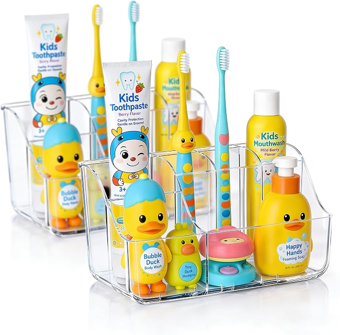 Sotfamily Clear Kids Toothbrush Holders for Bathrooms, 2-Pack(No-Drill) | Space-Saving Wall-Mounted Tooth Brush & Toothpaste Holder for Bathroom Countertop or Wall, Bathroom Organizers and Storage