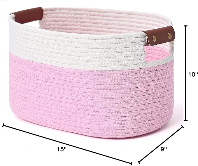 ECDYQXVU 15x10x9 Woven Cotton Rope Storage Basket, Leather Handles 1 Pack | Foldable Design, Sturdy PU Handles, Easy to Clean Organizer for Living Room, Closet, Shelves, Bedroom, Laundry, Clothes