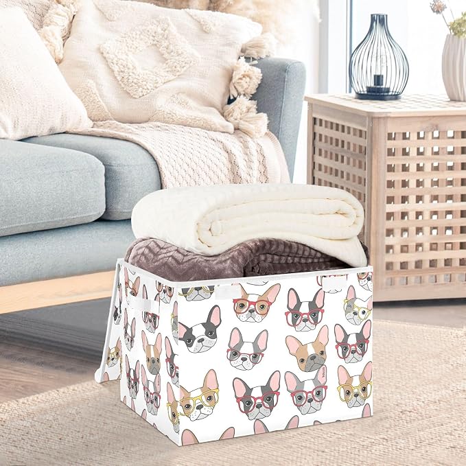 Dog Glasses Pattern Storage Bins with Lids Closet Bedroom 40L Fabric Bin | Decorative Storage Boxes, Foldable & Stackable, Dust-Proof Flip Top, Reinforced Handles, For Home & Dorm, Clothes & Toy Box