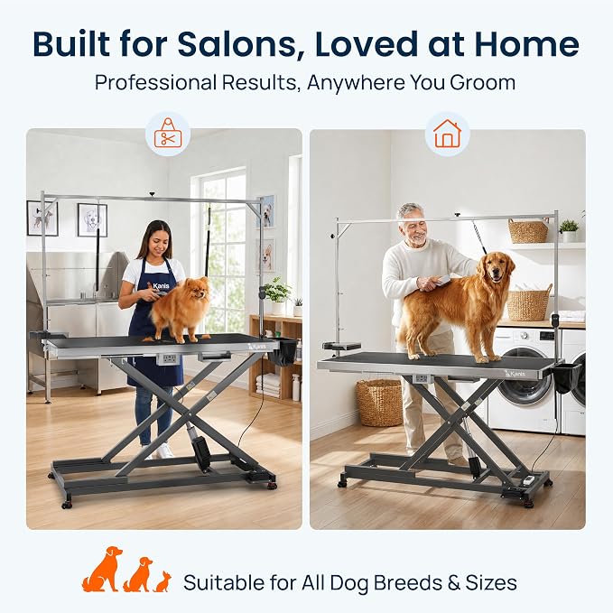 Professional Electric Dog Grooming Table - Heavy Duty | Height Adjustable Pet Grooming Table w/Leveling Wheels, Dog Grooming Arm, Anti-Slip Tabletop & Tool Organizer (Grey, 60")