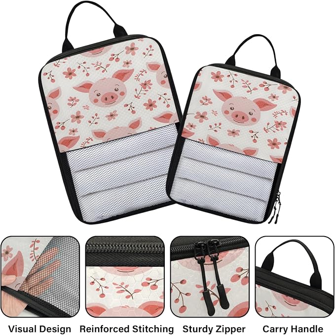 Cute Pig Faces Compression Packing Cubes Pink Pig 6 Set Travel Packing Cubes for Suitcases Lightweight Expandable Organizers