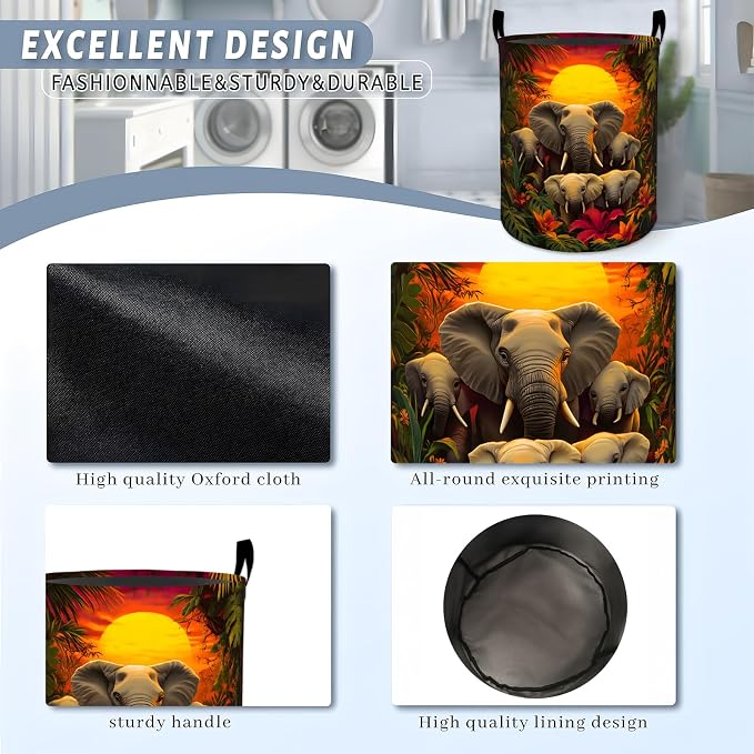 Elephant Laundry Basket, Jungle Animal Sunset Nature Storage Hamper, Round Collapsible Waterproof Cloth Bin, 19.7x15.7 Inch Tropical Clothes Organizer Gifts for Bathroom Decor