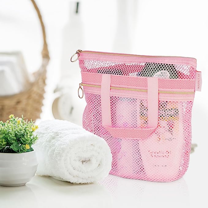 Mesh Shower Bag 10.2x9.9'' Quick-Dry Caddy with Zipper & 2 Pockets. Portable Toiletry Tote for Bathroom, Gym, Travel, Camp, Beach, for Sunscreen, Dorm & College Essentials (Pink)