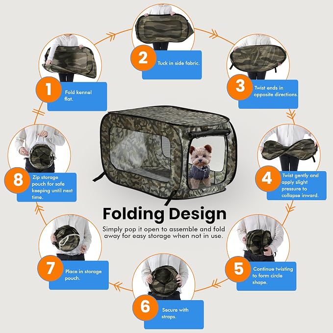 Portable Collapsible Pop Up Kennel, 36" L x 22" W x 22" H, Camo Green | Collapsible indoor/outdoor travel cat and dog crate with mesh screen windows pops up and folds flat for easy storage