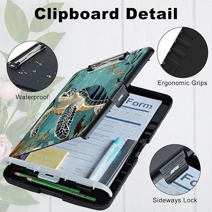 A4 Clipboard with Storage Pen Holder, Clipboards Organizer Nursing Clipboard Foldable File Folder Plastic Clipboard Folio Clip Board for Office Work Classroom Doctor, Retro Turtle Ocean