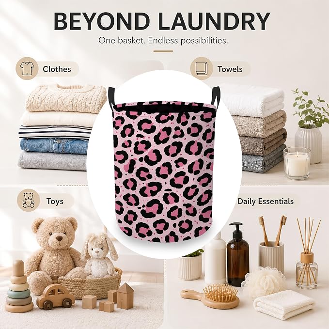 Pink Leopard Laundry Basket Oxford Cloth Laundry Hamper With Handle Foldable Portable Clothes Storage Basket Storage Bag For Laundry Room/Bathroom/Bedroom/Dormitory 20.8"x16"
