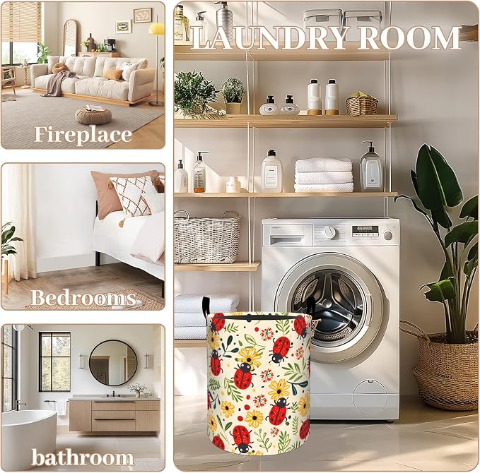 Cute Ladybug Laundry Basket, Oxford Cloth Cartoon Whimsical Dirty Clothes Collapsible Hamper for Room Decor, Floral Insect Print Gifts Toy Organizer 19.7 * 15.7 Inch for Bedroom Bathroom Dorm