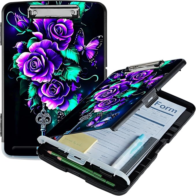 Purple Roses 02 A4 Clipboard with Storage Pen Holder, Clipboards Organizer Nursing Clipboard Foldable File Folder Plastic Clipboard Folio Clip Board for Office Students Classroom Doctor