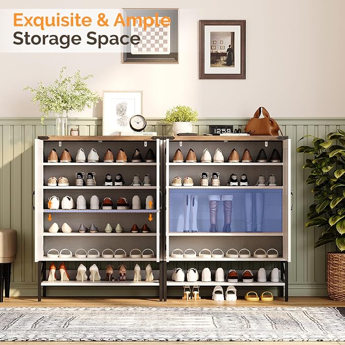 VINGLI Farmhouse Shoe Cabinet for Entryway, 32" Antique White Shoe Storage Cabinet with 2 Barn Doors, Large Capacity Shoe Organizer with Adjustable Shelves for Foyer, Bedroom, Closet