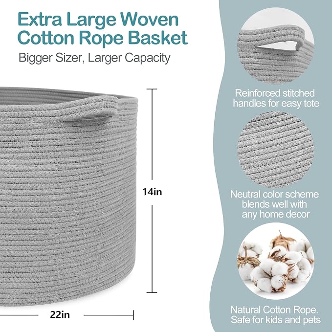 Extra Large Grey Storage Basket, 22" X 22" X 14" XXXL Blanket Basket for Living Room, Gray Wicker Woven Cotton Rope Baskets for Storage, Kids Toy Baskets Bins, Decorative Pillow Towel Basket