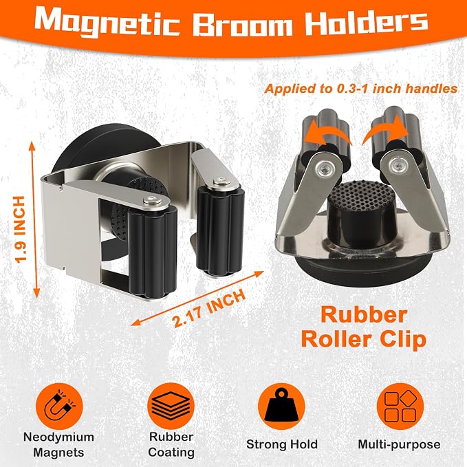 4 Pack Magnetic Mop Broom Holder, Heavy Duty Magnetic Mop Hanger for Refrigerators, Magnetic Mount Mop Broom Holder for Laundry Room Garage Kitchen Workshops Metal Shed
