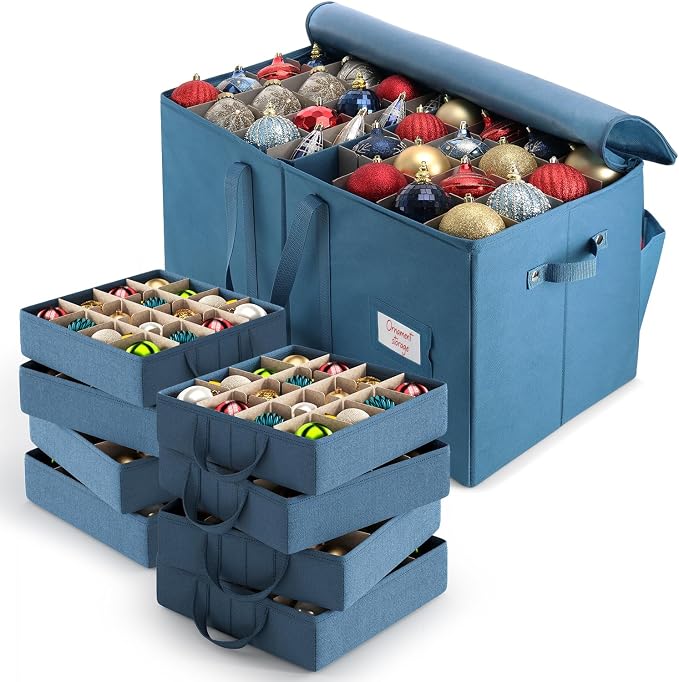 Hearth & Harbor Large Christmas Ornament Storage Box With Adjustable Dividers - Ornament Storage Container For 128 Holiday Ornaments or Decorations