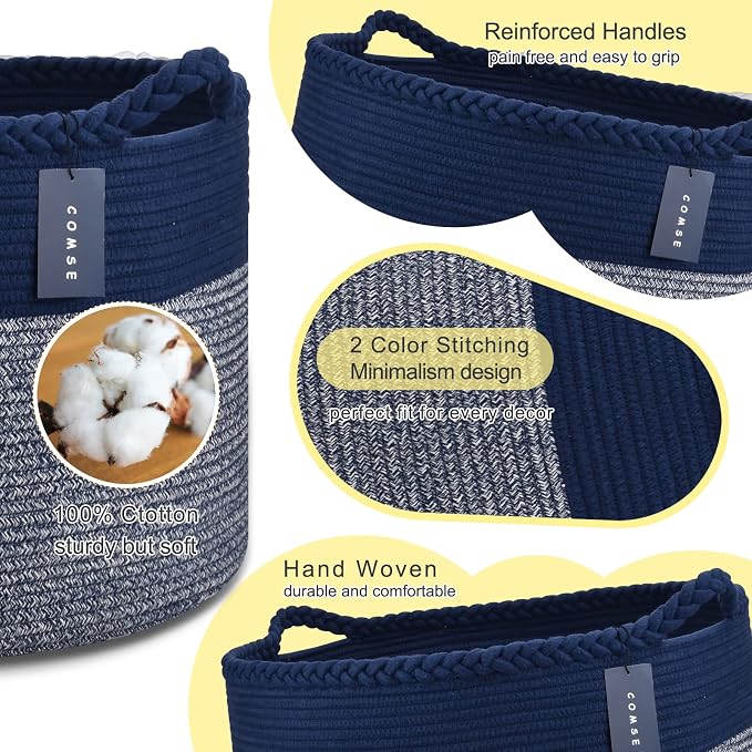 COMSE XXXLarge Woven Blanket & Laundry Basket, 87L, Navy Blue | 21.7" x 13.8", Cotton Rope, Nursery Hamper for Storage of Toys Clothes Towels, Ideal for Living Room Bedroom Bathroom