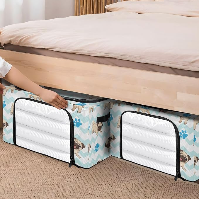Cute Pets Pugs White pattern Under Bed Storage Containers with Double Zipper Openings, Foldable Clothes Storage Bins with Clear Window and Handles for Comforters Blankets Bedding