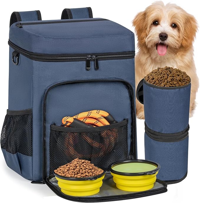 ANILD Dog Travel Bag Backpack, Flight-Ready TSA-Approved Dog Travel Bag with 2 Leak-Proof Food Canisters, 2 Foldable Silicone Bowls, Multi-Compartment Organizer for Hiking, Camping, Dog Mom Essentials