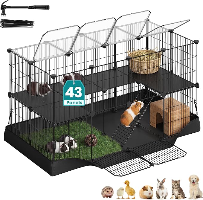 SONGMICS Pet Playpen, 2-Tier Steel Pen with Roof | Indoor Dog Fence, 47.2 x 23.6 x 23.6 Inches, Waterproof Mat, 2 Doors, Ink Black, Damion Collection, ULPI015B101