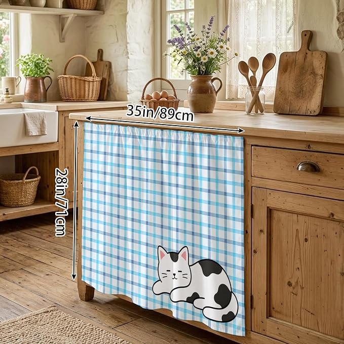 Cute Cat Oven Skirt Curtain for Kitchen Decor 28"x35", Blue Purple Checked Modern Pet Cats Rustic Self Adhesive Stove Curtains Skirt Cabinet Curtains for Bathroom Laundry Room