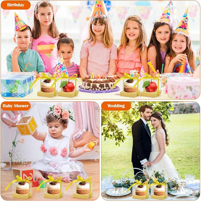 12 PCS Clear Cupcake Boxes 3.5 Inch Cupcake Containers (Yellow) | Disposable Cupcake Carrier Plastic Individual Cupcake Storage Holder with Ribbons and Inserts for Wedding, Birthday Party