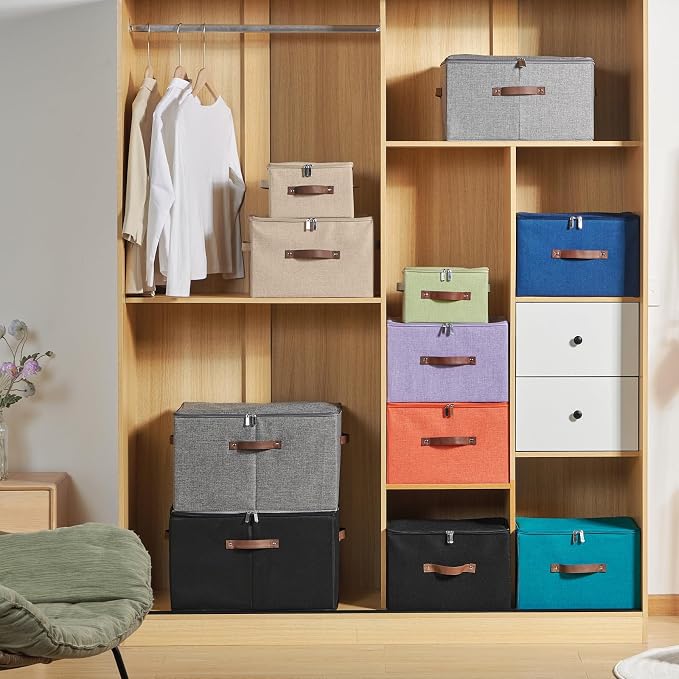 2PCS Storage Bins with Zipper Lids Decorative Lidded Basket Box | Clothes Container, Closet Shelf Organizer, Foldable Washable, Cotton Linen Fabric, w/ PU Leather Handles, Purple, Small