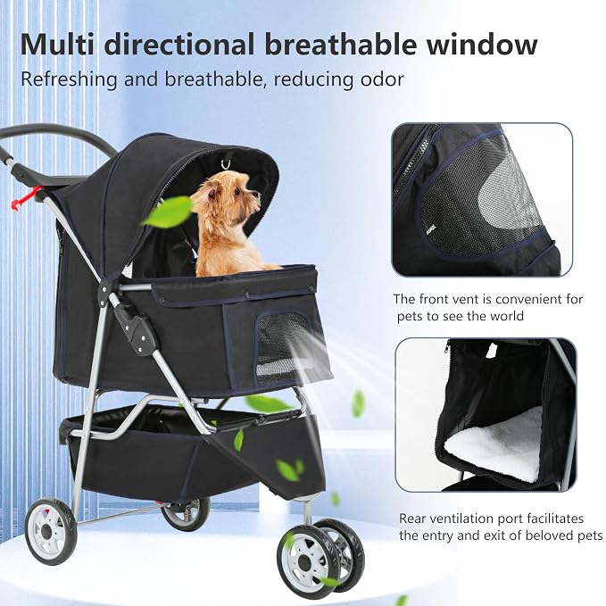 FDW | 3-Wheel Foldable Pet Stroller | Black | Lightweight & Portable | Travel Carrier with Mesh Windows, Storage Basket, Safety Brakes, Washable Liner and Waterproof Fabric | For Small Dogs & Cats