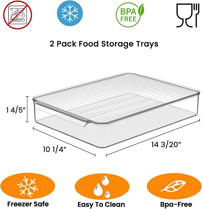 vacane Stackable Freezer Organizer, Flat Produce Saver Sliced Cheese Container with Lids, Freezer Storage Containers Food Storage Tray for Fruits, Vegetables, Meat