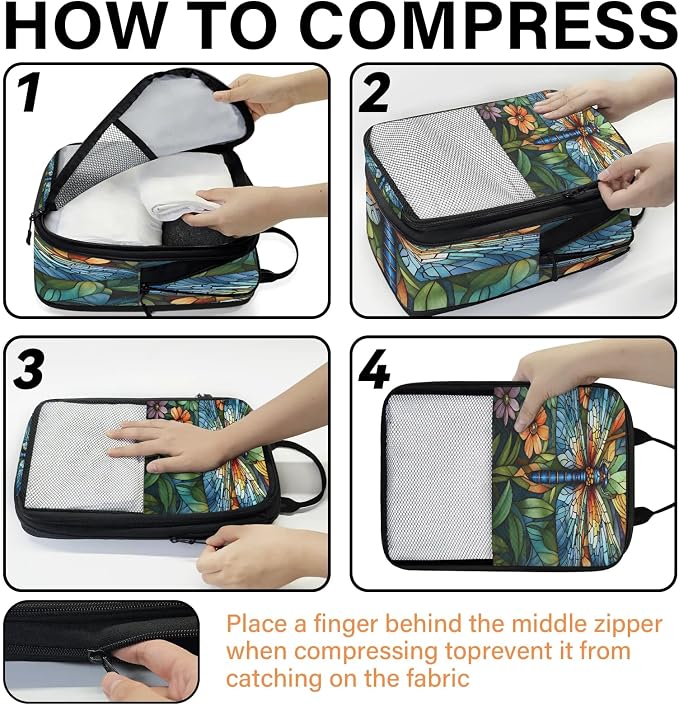 Dragonfly 6 Set Compression Packing Cubes Floral Expandable Packing Organizer for Travel Accessories Luggage Suitcase Bag